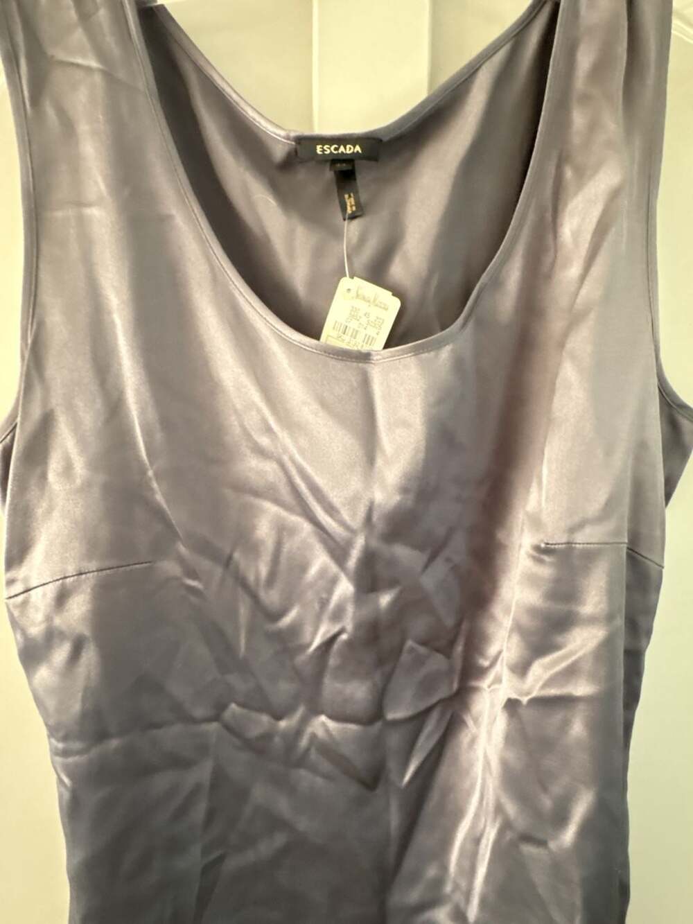 Escada Women's Satin Sleeveless Scoop Neck Tank Top, Grey, Size 14 Silk